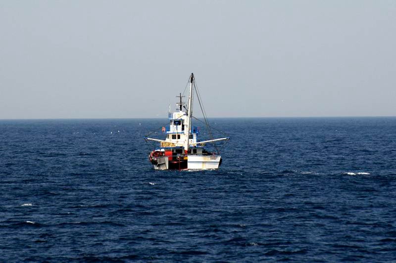 Turkish beam trawler fishing. North of Limnos island, Greece. Marviva Med Mediterranean Expedition. August 2008.