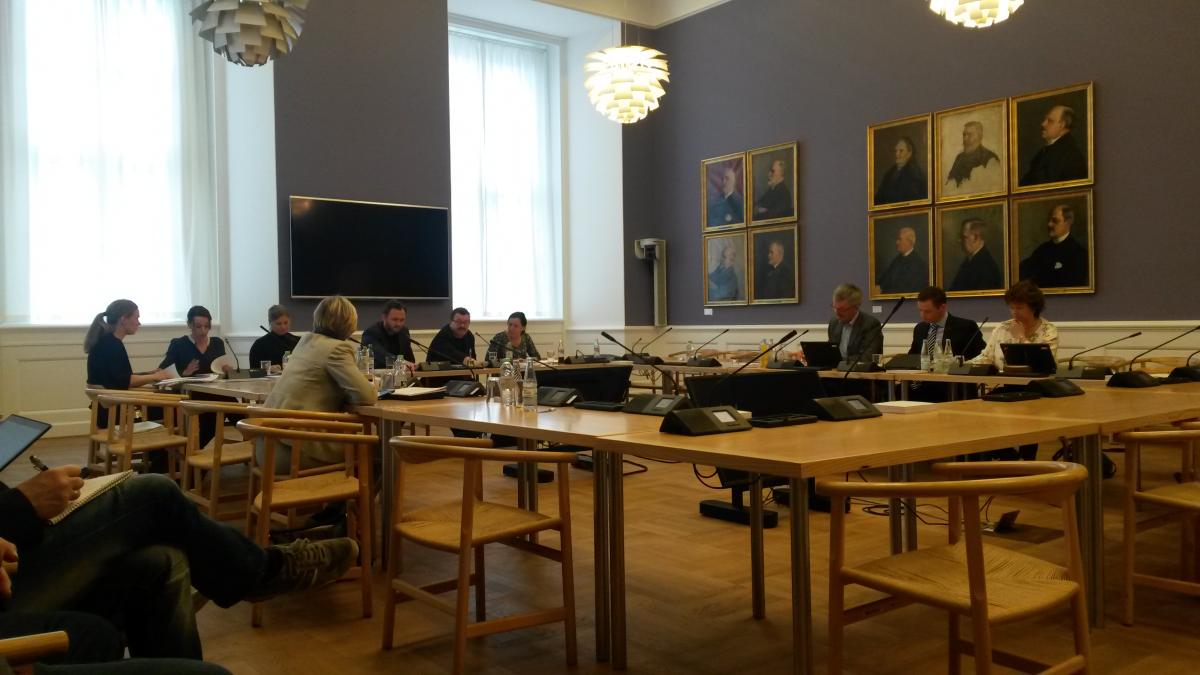 Ministers Kristen Brosbøl, second from left, and Dan Jørgensen, fourth from left, during the open consultation in the Danish parliament. 